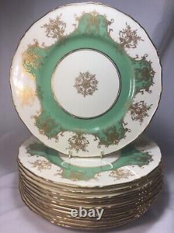 (12) Royal Worcester Green, Cream and Raised Gold 10.75 Inch DINNER PLATES