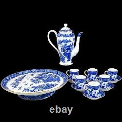 1917 Royal Worcester Chinoiserie Blue Willow porcelain 14pc coffee service for 6
