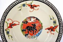 1929 Royal Worcester Set 5 Dinner Plate Chinese Sty Chinoiserie Stag Deer Crane