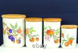 1961 ROYAL WORCESTER Evesham Gold Set/4 Storage Canisters with Wooden Lid, Fruits