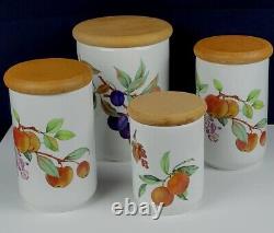 1961 ROYAL WORCESTER Evesham Gold Set/4 Storage Canisters with Wooden Lid, Fruits