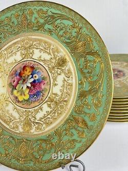 22 Royal Worcester Green & Gold Gilt 10.5 Dinner Plates Set Signed WH Austin