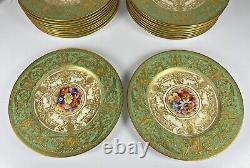 22 Royal Worcester Green & Gold Gilt 10.5 Dinner Plates Set Signed WH Austin