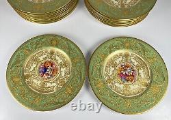 22 Royal Worcester Green & Gold Gilt 10.5 Dinner Plates Set Signed WH Austin