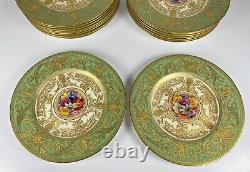 22 Royal Worcester Green & Gold Gilt 10.5 Dinner Plates Set Signed WH Austin