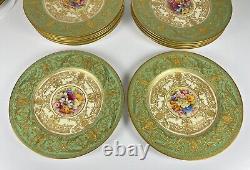 22 Royal Worcester Green & Gold Gilt 10.5 Dinner Plates Set Signed WH Austin