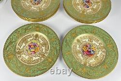 22 Royal Worcester Green & Gold Gilt 10.5 Dinner Plates Set Signed WH Austin