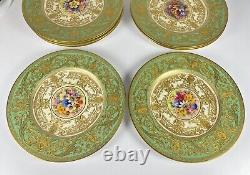 22 Royal Worcester Green & Gold Gilt 10.5 Dinner Plates Set Signed WH Austin