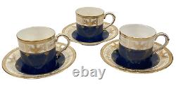 3 Davis Collamore Royal Worcester Blue Gold Demitasse Cup & Saucer Set C1707