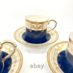 3 Davis Collamore Royal Worcester Blue Gold Demitasse Cup & Saucer Set C1707