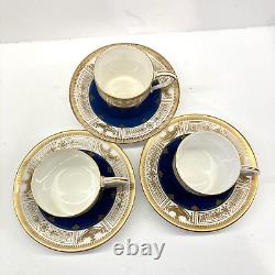 3 Davis Collamore Royal Worcester Blue Gold Demitasse Cup & Saucer Set C1707