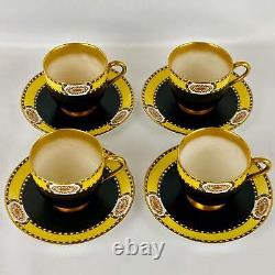 4 Antique Royal Worcester Cups & Saucers Jewelled Black Yellow #2583 Gold Gilt