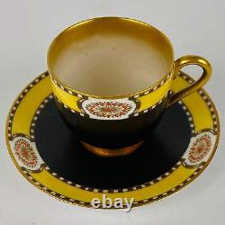 4 Antique Royal Worcester Cups & Saucers Jewelled Black Yellow #2583 Gold Gilt