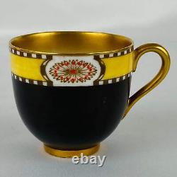 4 Antique Royal Worcester Cups & Saucers Jewelled Black Yellow #2583 Gold Gilt