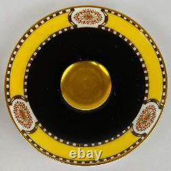 4 Antique Royal Worcester Cups & Saucers Jewelled Black Yellow #2583 Gold Gilt