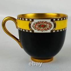 4 Antique Royal Worcester Cups & Saucers Jewelled Black Yellow #2583 Gold Gilt