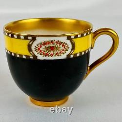 4 Antique Royal Worcester Cups & Saucers Jewelled Black Yellow #2583 Gold Gilt