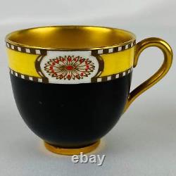 4 Antique Royal Worcester Cups & Saucers Jewelled Black Yellow #2583 Gold Gilt