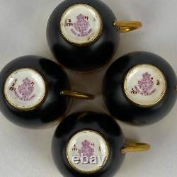 4 Antique Royal Worcester Cups & Saucers Jewelled Black Yellow #2583 Gold Gilt