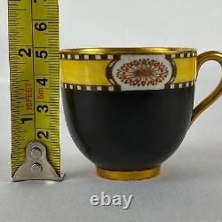 4 Antique Royal Worcester Cups & Saucers Jewelled Black Yellow #2583 Gold Gilt