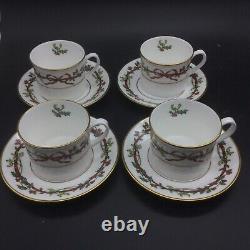 4 Royal Worcester Holly Ribbons Coffee Cup Saucer Set Lot Holiday Christmas