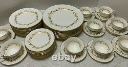 57 pc Royal Worcester SAGUENAY MCM Service for 12 Gold Flower Band Bone China