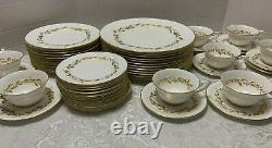 57 pc Royal Worcester SAGUENAY MCM Service for 12 Gold Flower Band Bone China