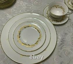 57 pc Royal Worcester SAGUENAY MCM Service for 12 Gold Flower Band Bone China