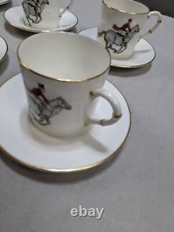 6 Royal Worcester Hunting Hounds Fox Hunting Espresso Coffee Cups & Saucers
