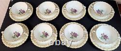 8 Cream Soup & Saucer Sets Royal Worcester Cromwell Pattern Hand Painted Roses