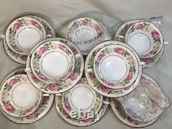 (8) Royal Worcester Royal Garden Large CREAM SOUP SETS Pink/White Roses MINT