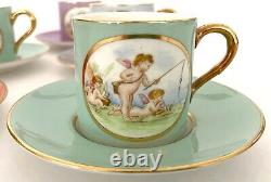 8 set Royal Worcester Demitasse Cups + Saucers with Cupids Cherubs circa 1936