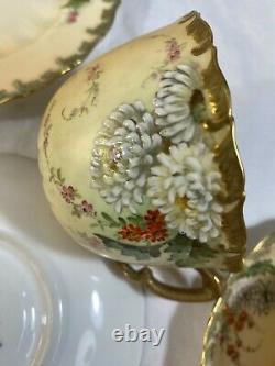 Antiq Worcester 6set Tea Cup & Saucer/Dessert Plate Floral Hand Painted Mum 1880