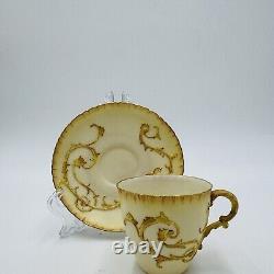 Antique 19th Royal Worcester Hand Painted Tea Cup & Saucer #1564 Embossed Gilt