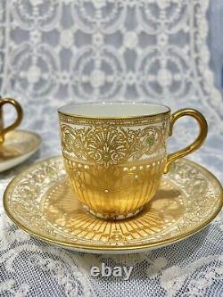 Antique ROYAL WORCESTER Porcelain Cup Saucer Set Enamel JEWELS Gold