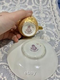 Antique ROYAL WORCESTER Porcelain Cup Saucer Set Enamel JEWELS Gold