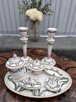 Antique Royal Worcester Candlestick Vanity Dressing Table Set Gilded Lion Mask