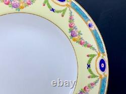 Antique Royal Worcester Dinner Plate Set 6 Pale Yellow Floral Swag Turquoise Rim