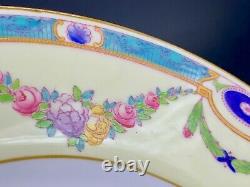Antique Royal Worcester Dinner Plate Set 6 Pale Yellow Floral Swag Turquoise Rim