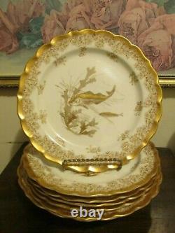Antique Royal Worcester England Hand Painted Set Of 6 Gold Fish Plate And Bowl