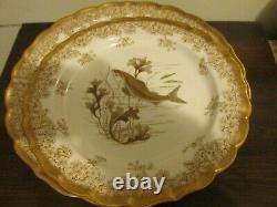 Antique Royal Worcester England Hand Painted Set Of 6 Gold Fish Plate And Bowl