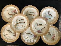 Antique Royal Worcester England Hand Painted Set Of 8 Fish Plates