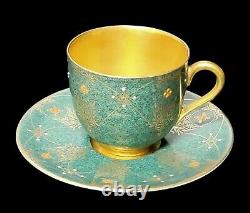 Antique Royal Worcester Green Raised Paint Gold Encrusted Demitasse Cup Saucer
