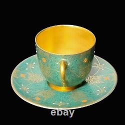 Antique Royal Worcester Green Raised Paint Gold Encrusted Demitasse Cup Saucer