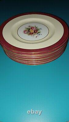 Antique Royal Worcester Plates Set 11 1880's Floral with Maroon Gilded Trim