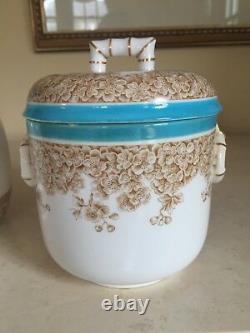 Antique Royal Worcester Set Covered Jar And Pitcher Turquoise Trim Floral RARE
