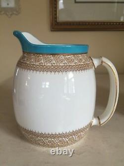 Antique Royal Worcester Set Covered Jar And Pitcher Turquoise Trim Floral RARE