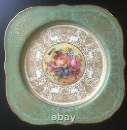 Antique Set If 12 ROYAL WORCESTER Hand-Painted Flowers Green SQUARE PLATES