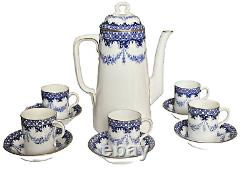 Antique c1912 Royal Worcester Bone China Coffee Set For 6 Blue Floral W5679 Rare