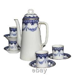 Antique c1912 Royal Worcester Bone China Coffee Set For 6 Blue Floral W5679 Rare